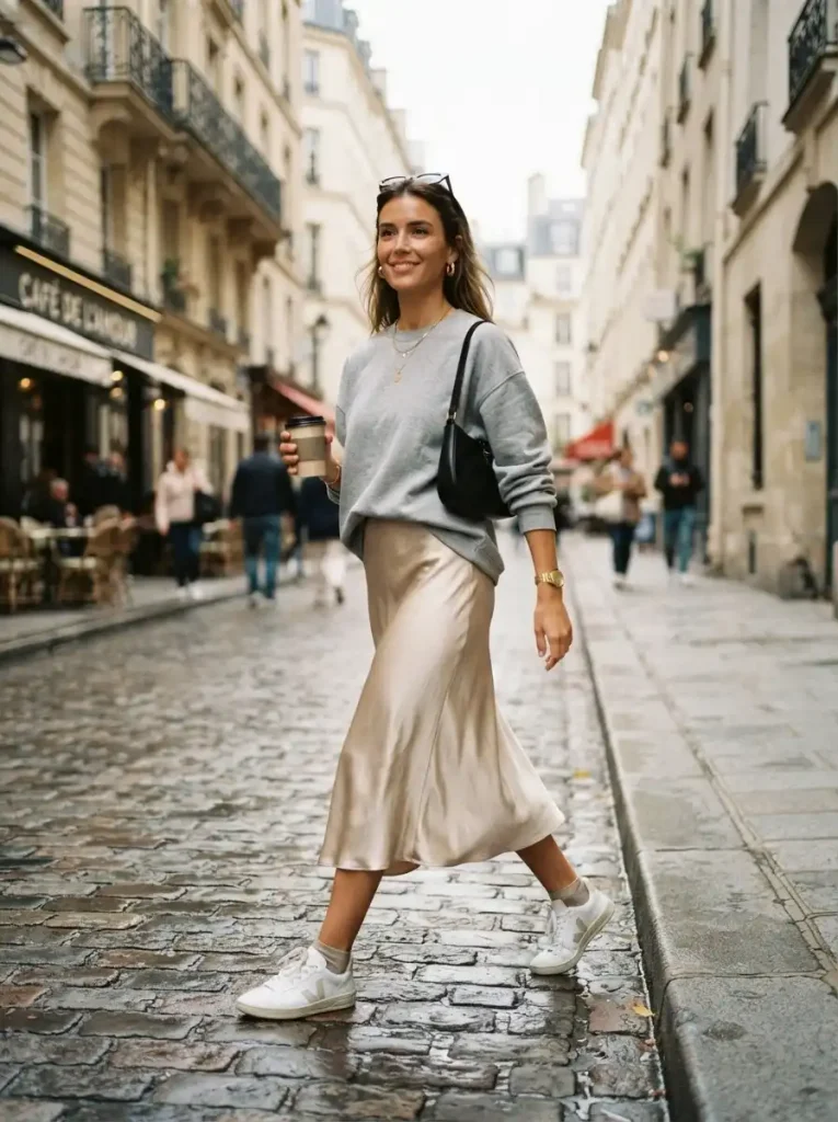 16. Slip Skirt with an Oversized Sweatshirt