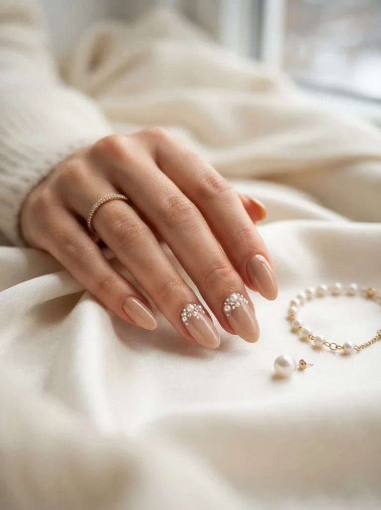 17. Beige Nails with Delicate Pearl Accents