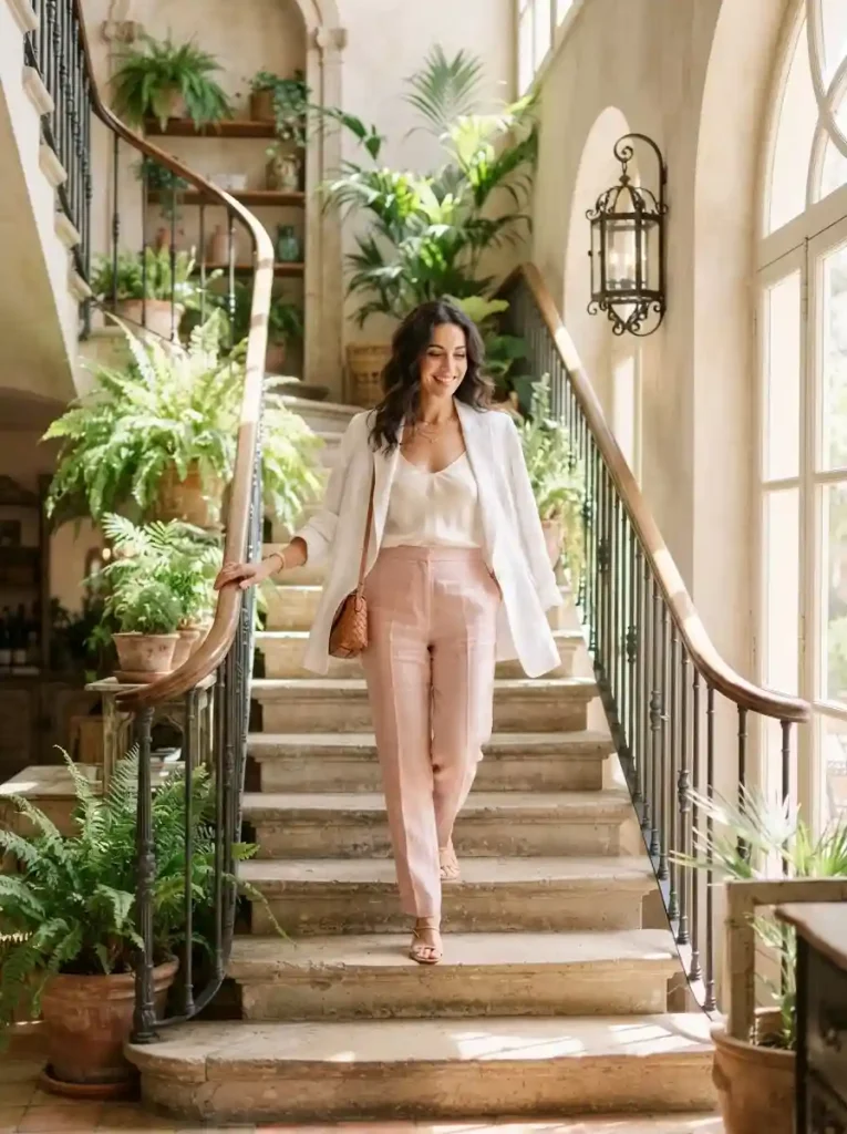 17. Blush Pink Pants with a White Linen Blazer