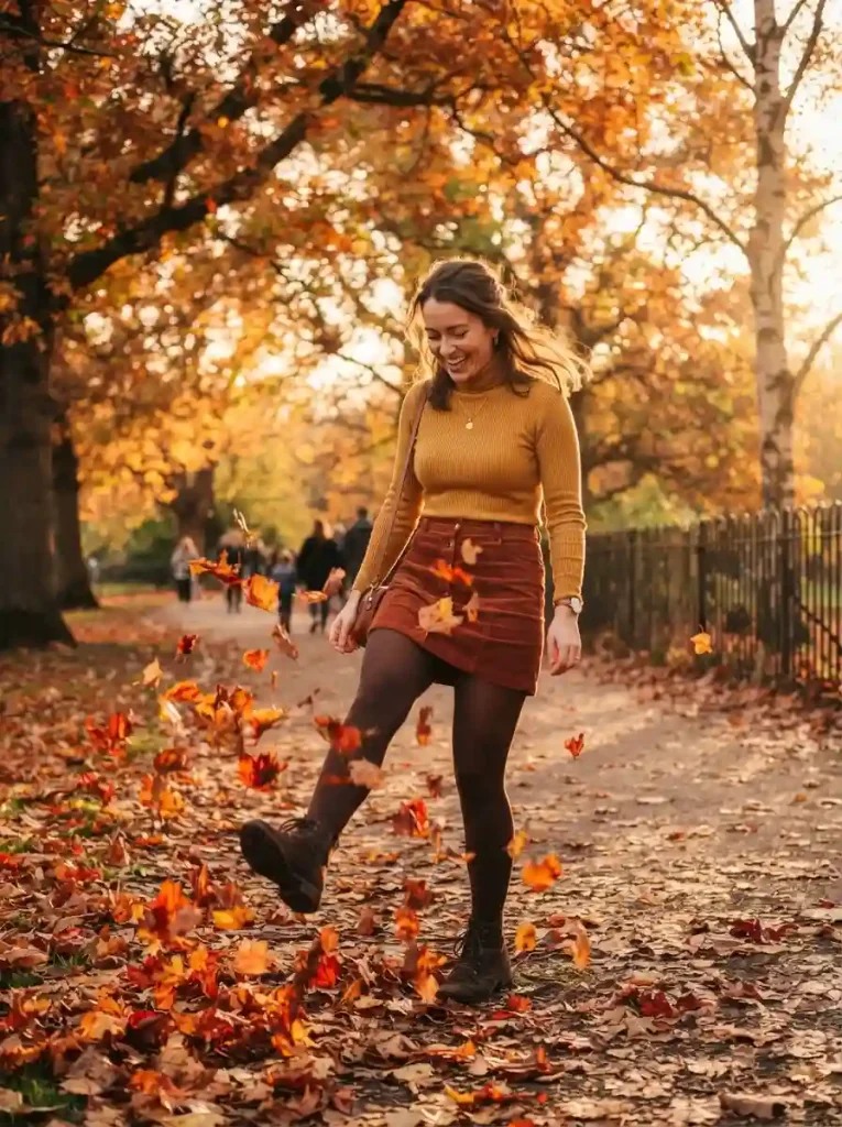 17. Corduroy Mini with a Turtleneck and Tights
