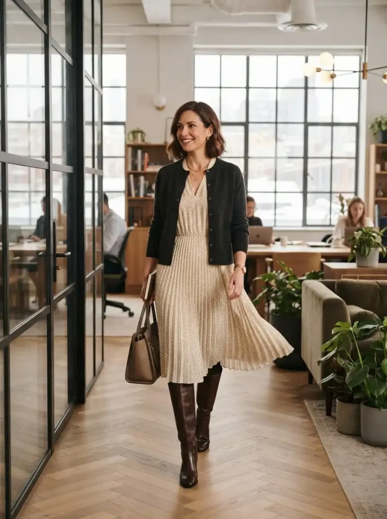 17. Pleated Midi Dress With Boots