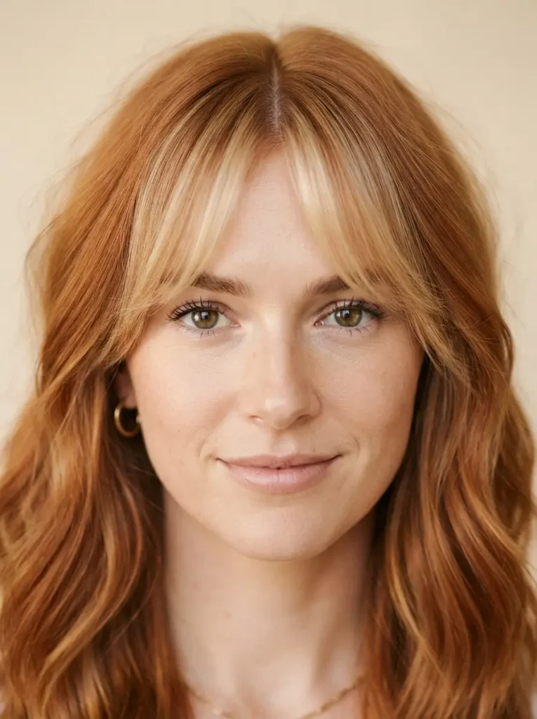 17. Red Hair with Blonde Curtain Bangs