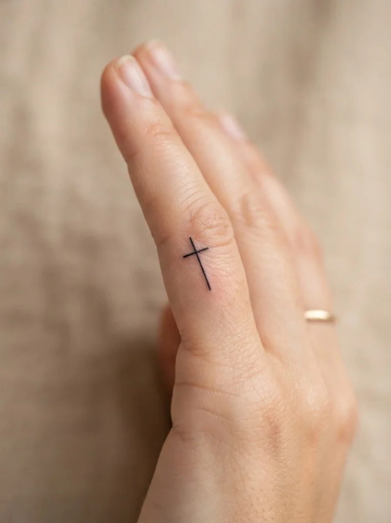 17. Tiny Cross Finger Tattoo