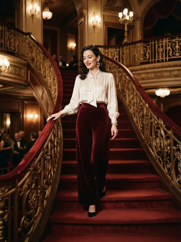 17. Velvet Wide-Leg Trousers with a Silk Blouse
