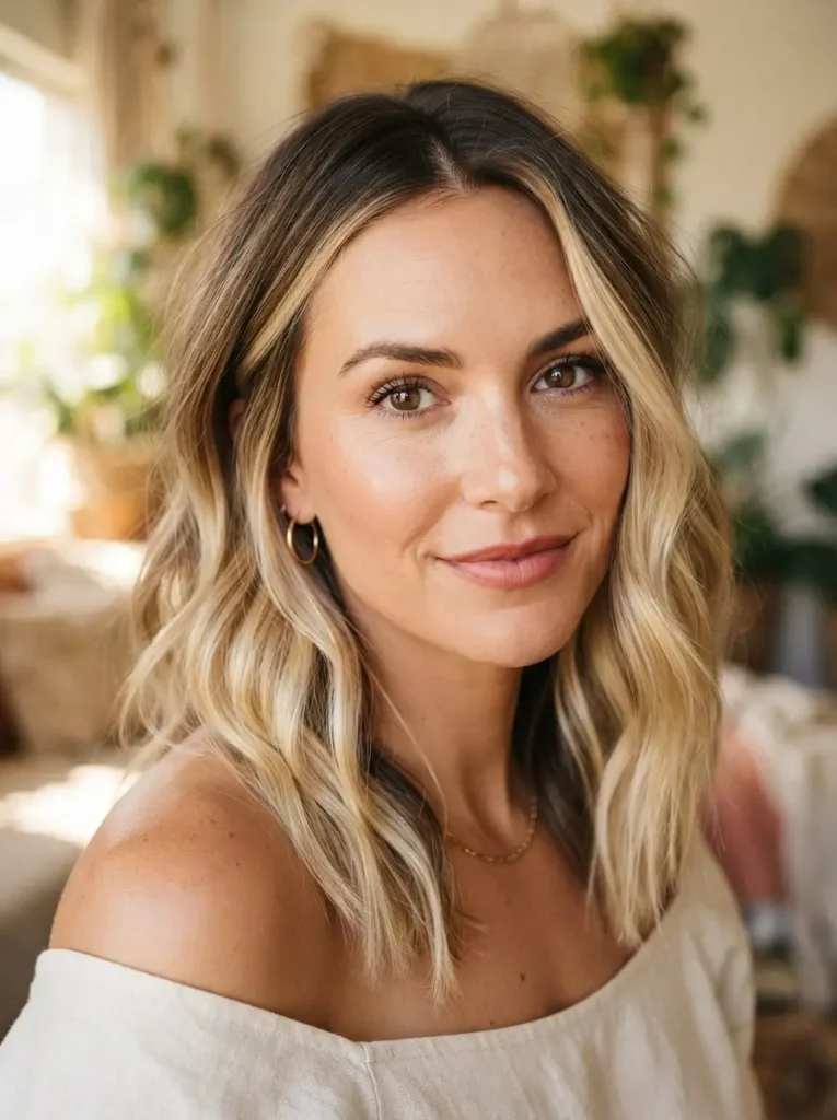 18. Beachy Lob with Blonde Balayage