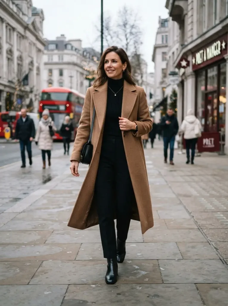 18. Brown Coat With an All-Black Outfit
