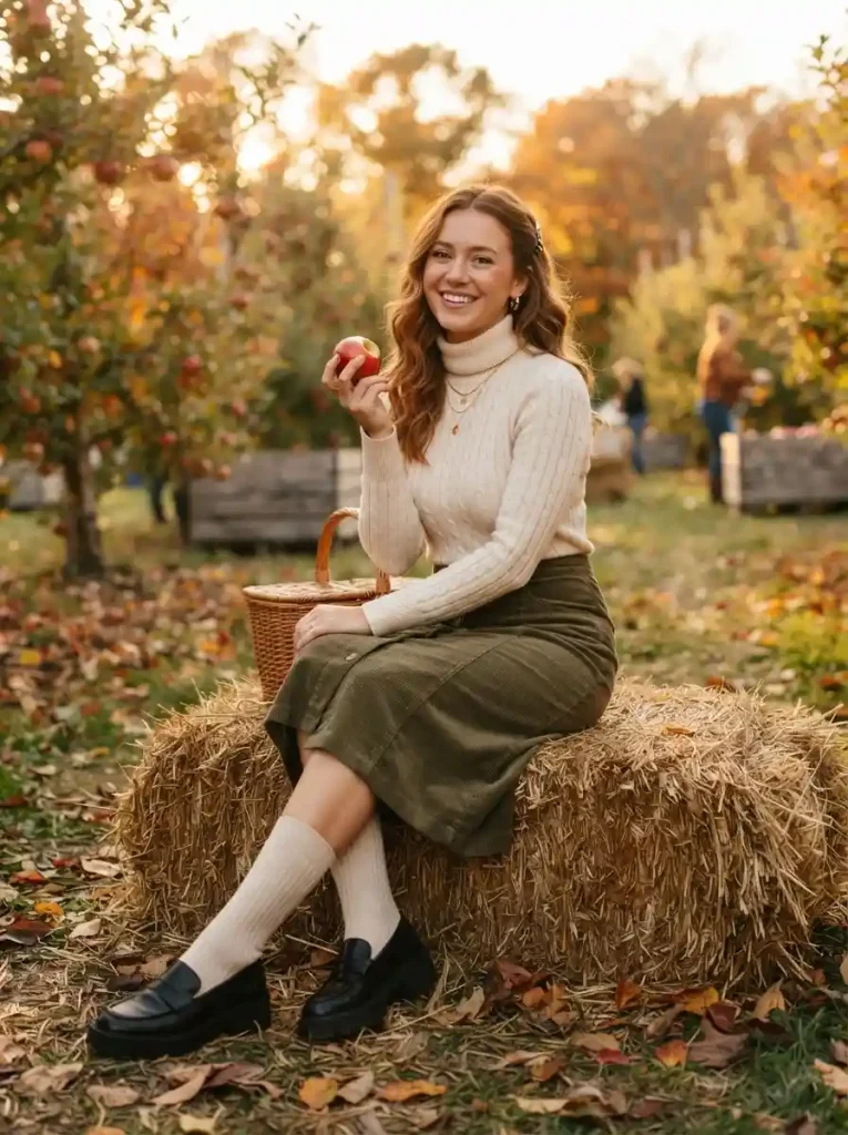 18. Corduroy Midi Skirt with Knee-High Socks