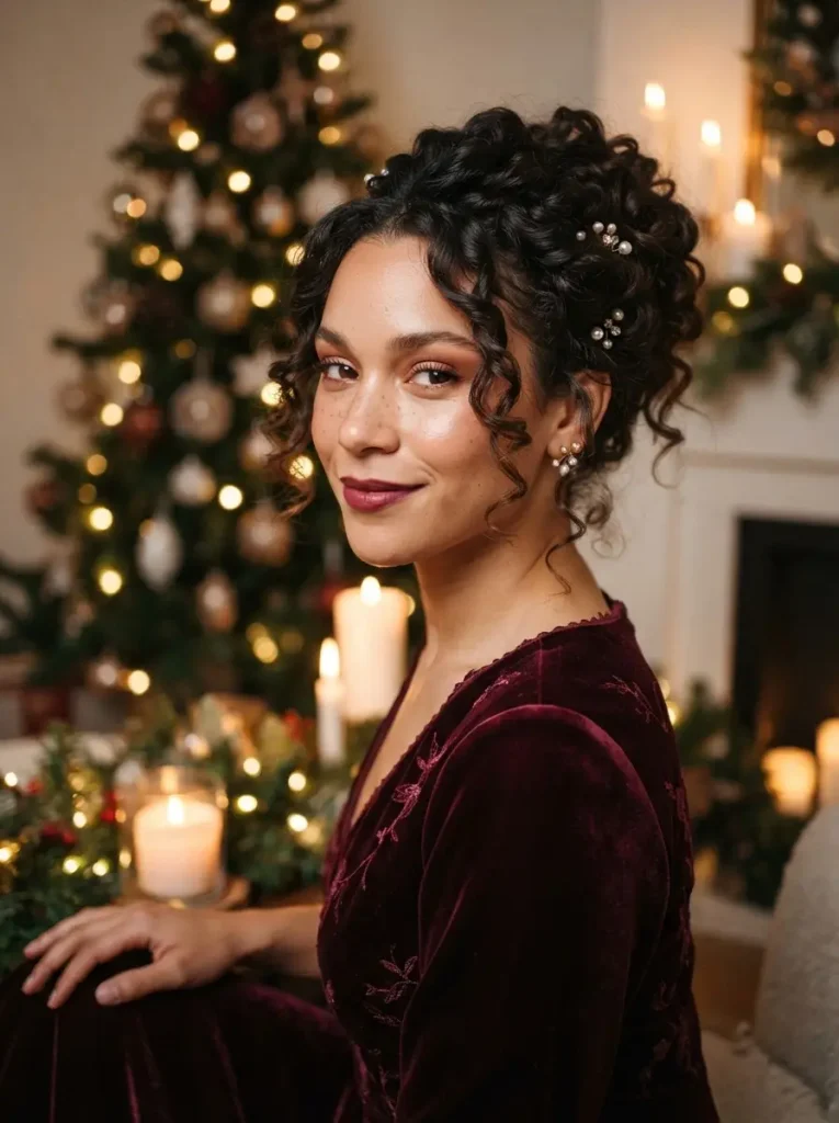 18. Curly Updo with Face-Framing Tendrils