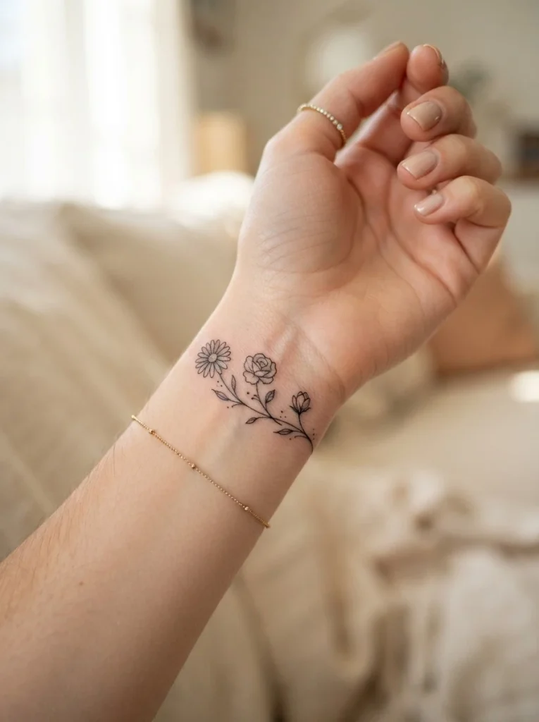18. Dainty Flower Wrist Tattoo