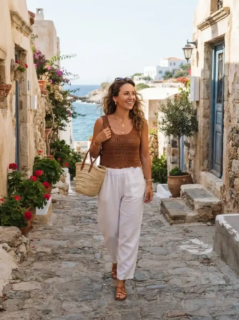 19. Brown Crochet Top With White Linen Pants