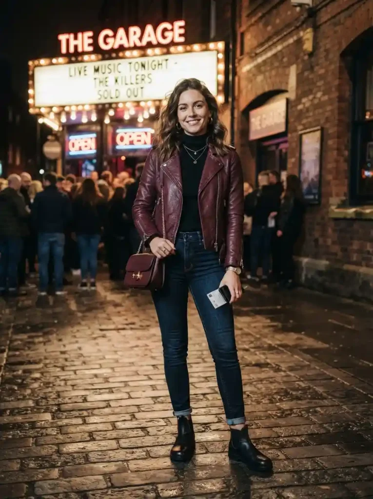 19. Burgundy Leather Jacket With Dark Denim