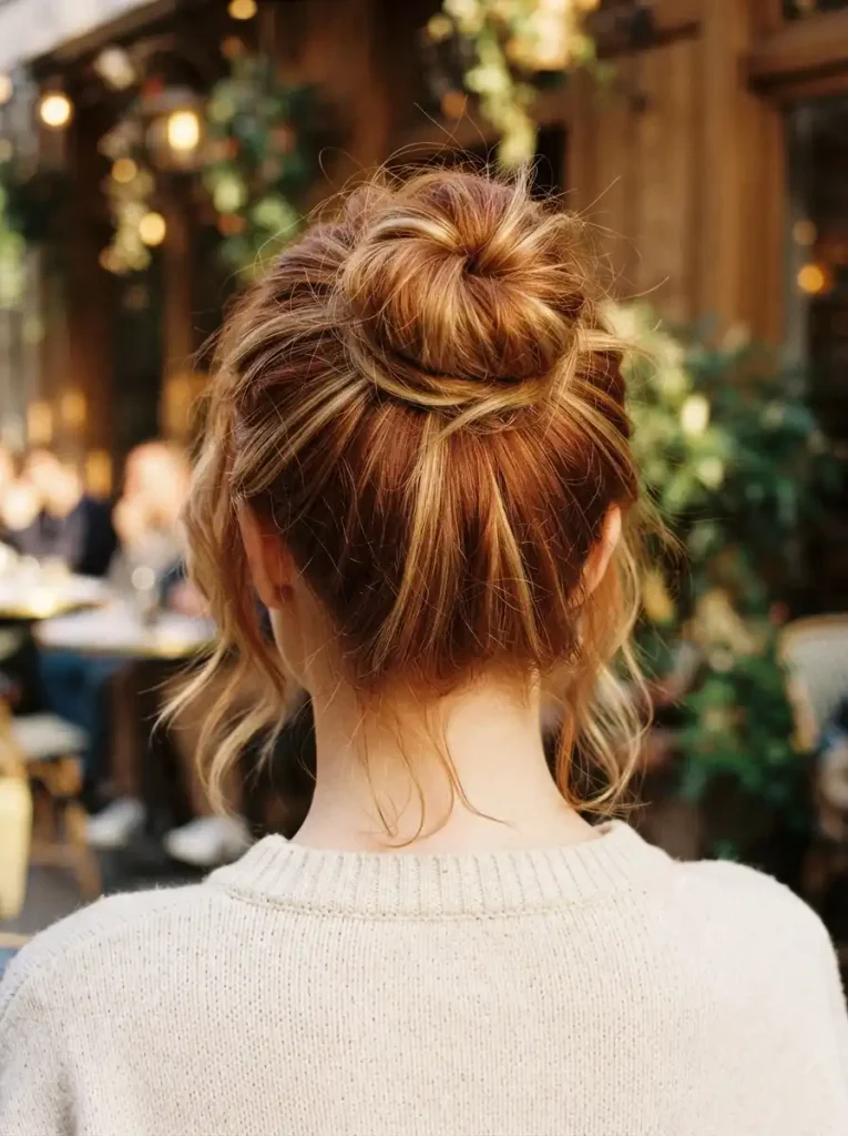 19. Messy Bun with Red and Blonde Tones