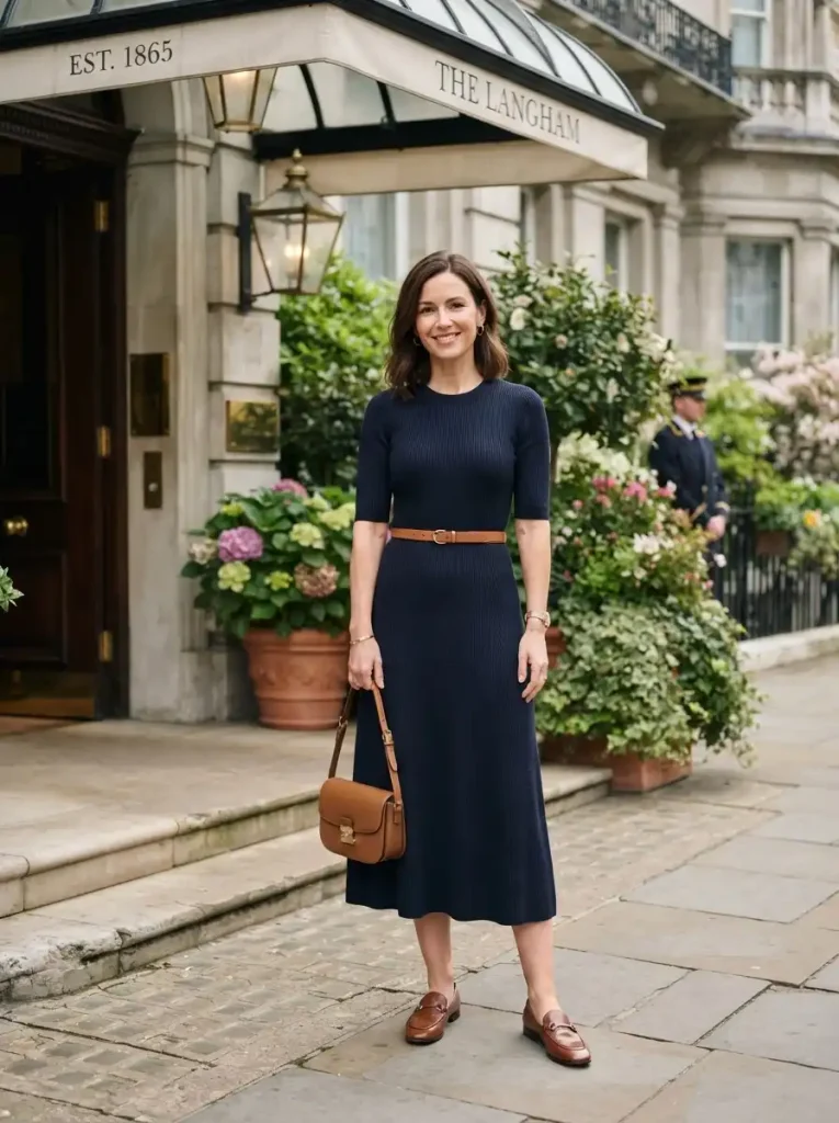 19. Navy Knit Dress with Tan Leather Accessories