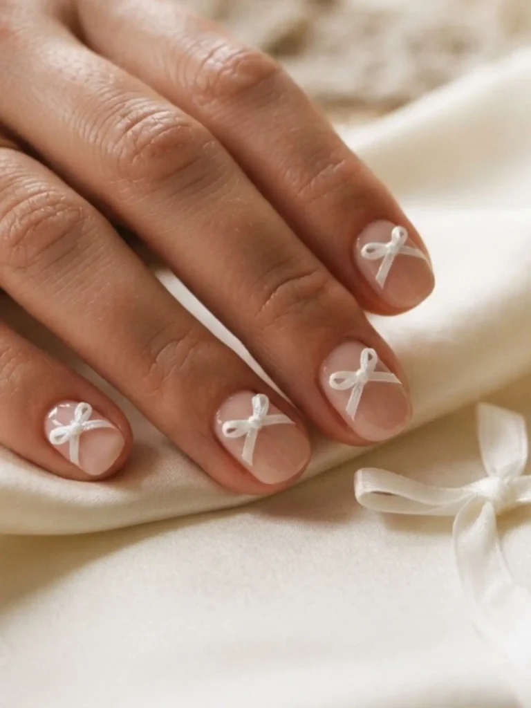 19. Nude Nails With Birthday Bows