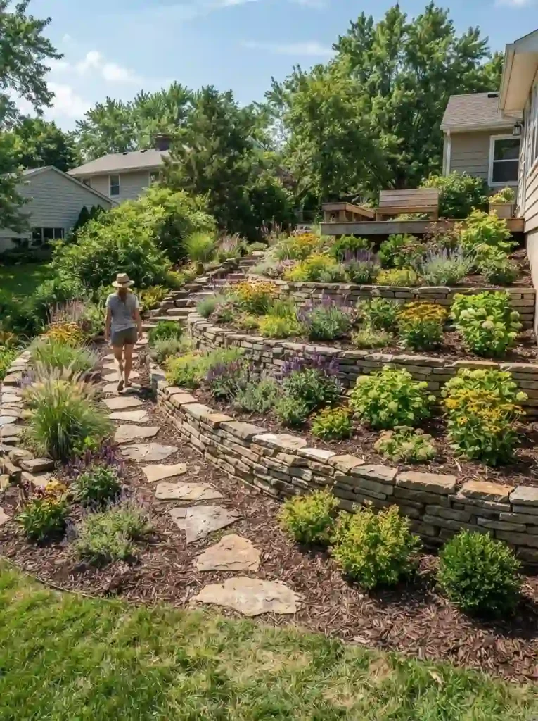 19. Terraced Retaining Wall With Mulch Beds