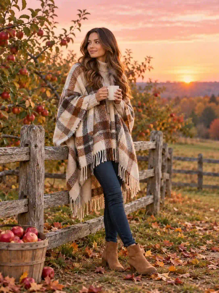 19. Wool Poncho with Slim Jeans and Boots
