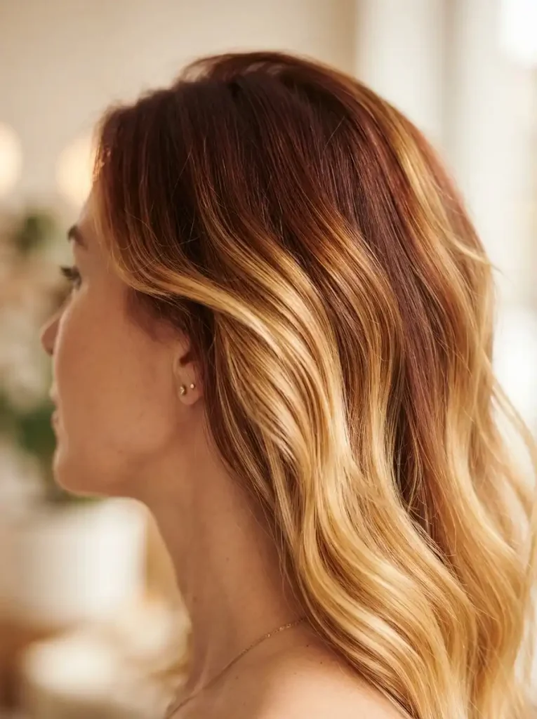 2. Auburn Balayage with Golden Blonde Ends