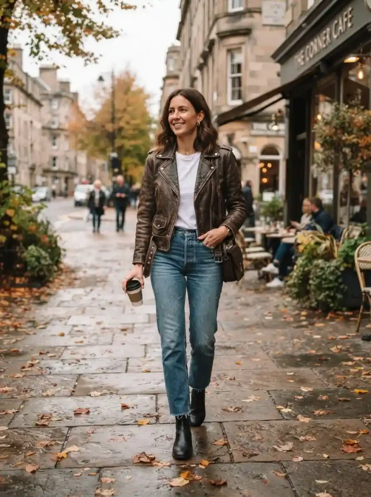 2. Brown Leather Jacket With Blue Jeans