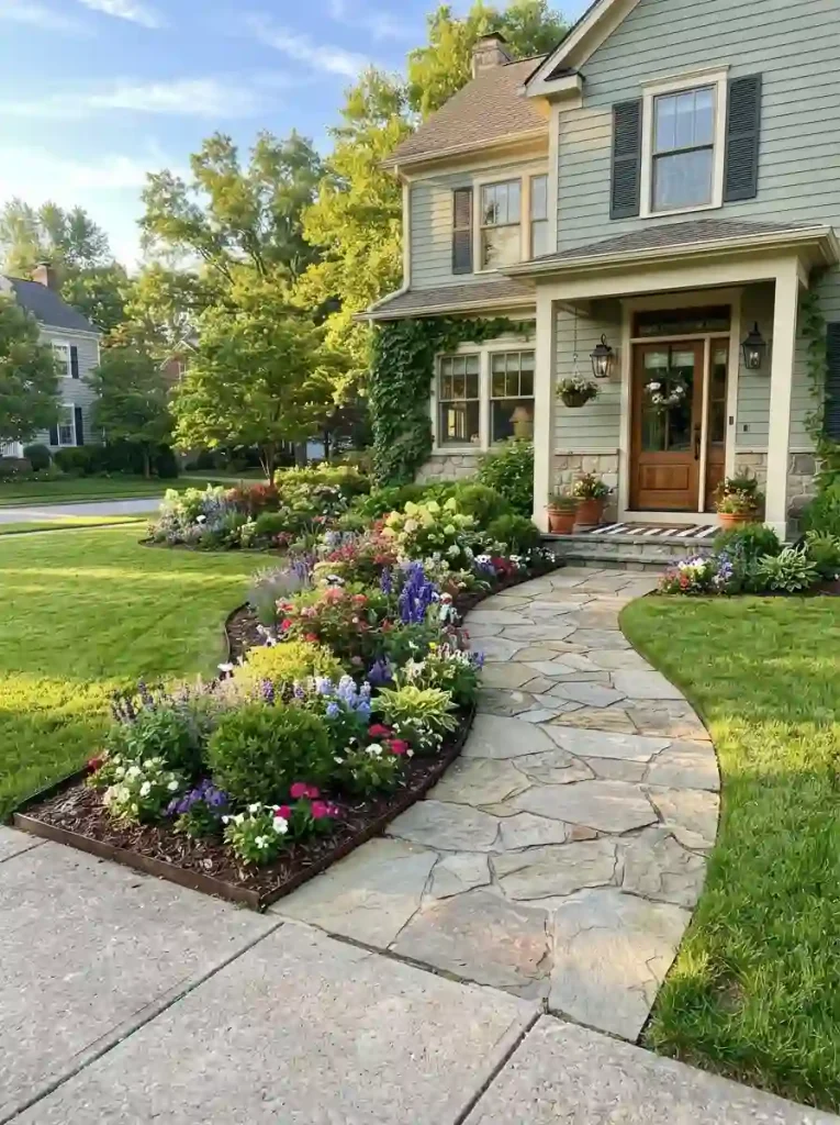 2. Create a Curved Flower Border Along the Walkway