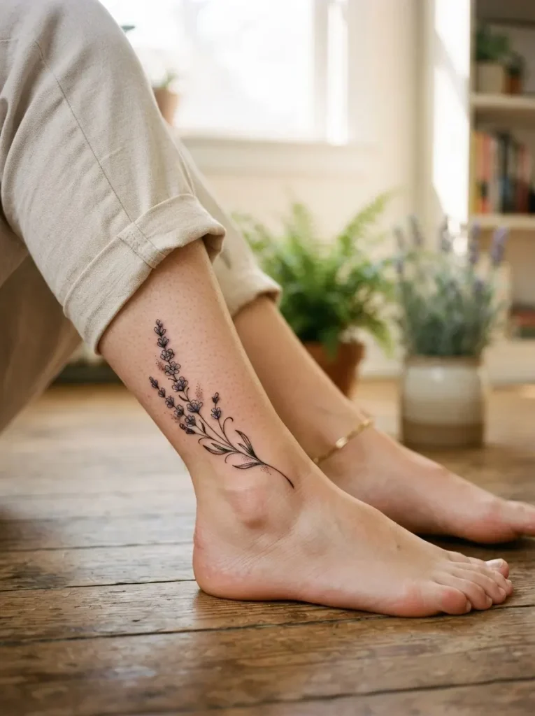 2. Delicate Lavender Stem Tattoo