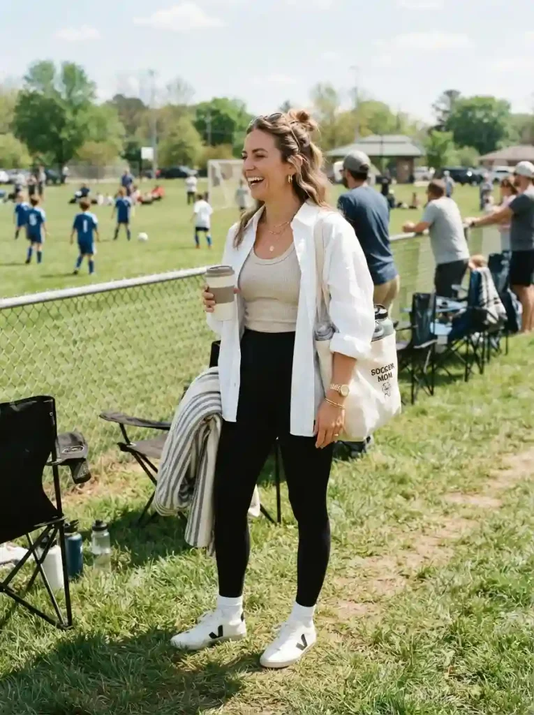 2. Leggings With a Longline Button-Up Shirt
