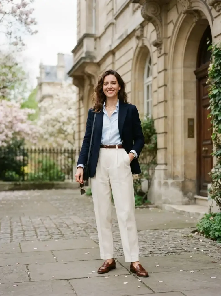 2. Navy Blazer with Cream Tailored Trousers