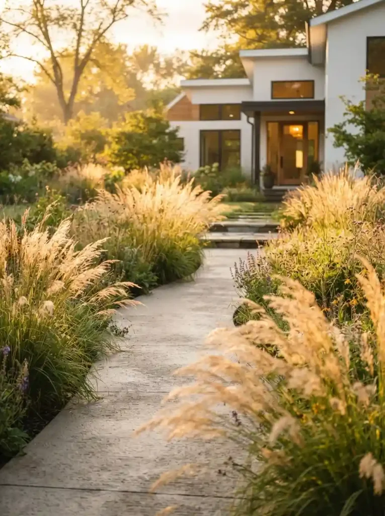 2. Ornamental Grass Drifts Along the Walkway