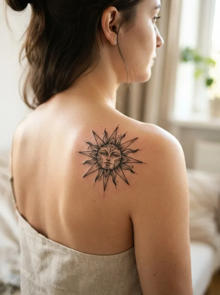 2. Ornamental Sun Shoulder Tattoo