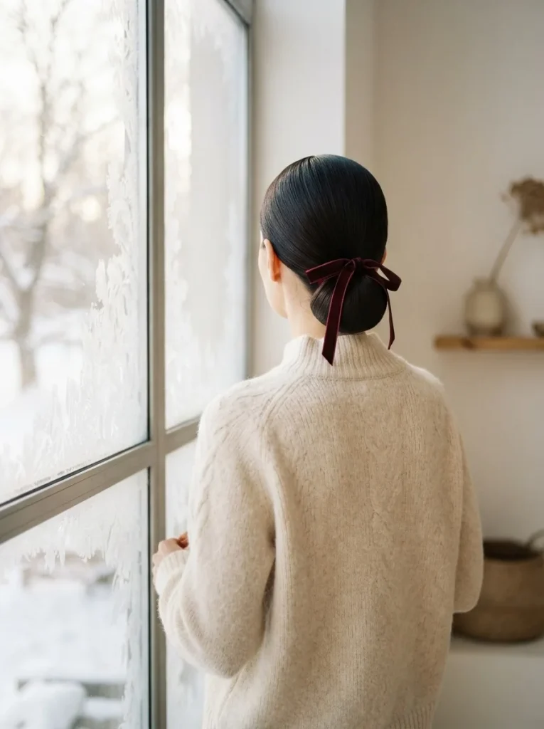 2. Sleek Low Bun with a Velvet Ribbon