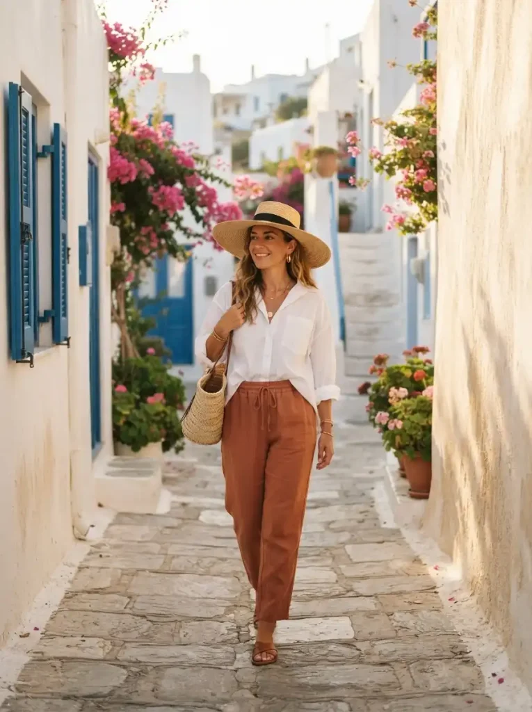 2. Terracotta Drawstring Pants with an Oversized White Shirt