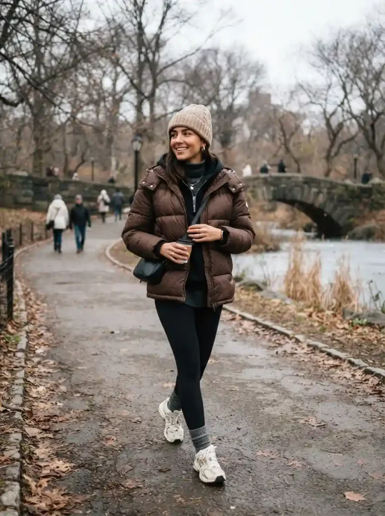 20. Brown Puffer Jacket With Leggings