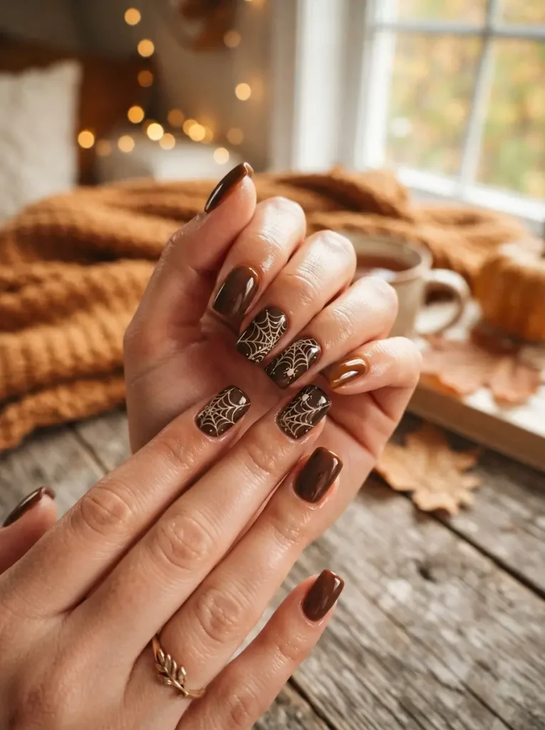 20. Chocolate Brown Spiderweb Nails