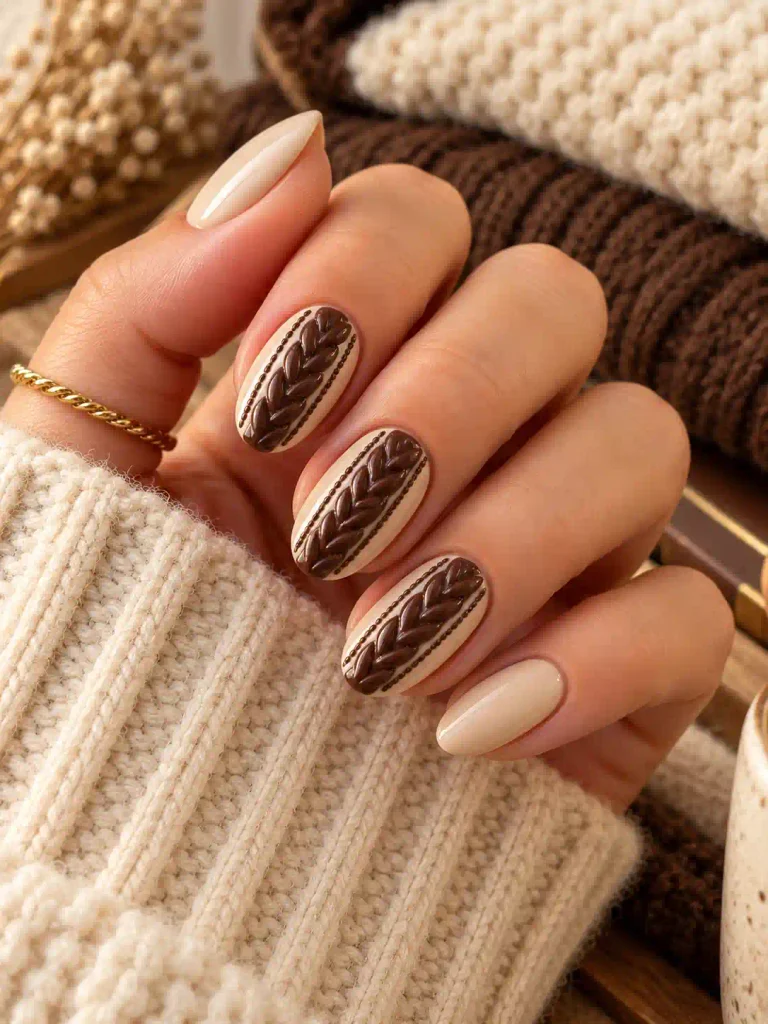 20. Chocolate and Cream Braided Nails