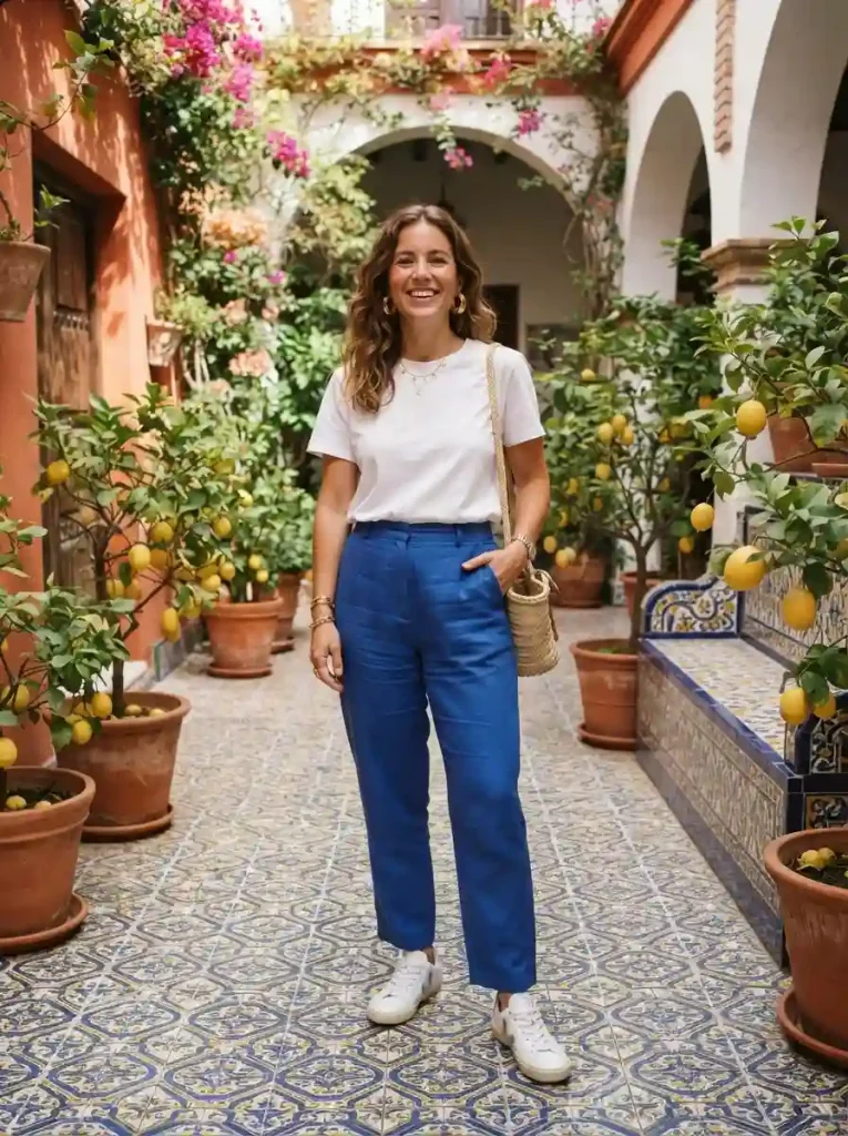 20. Cobalt Blue Pants with a Plain White Tee