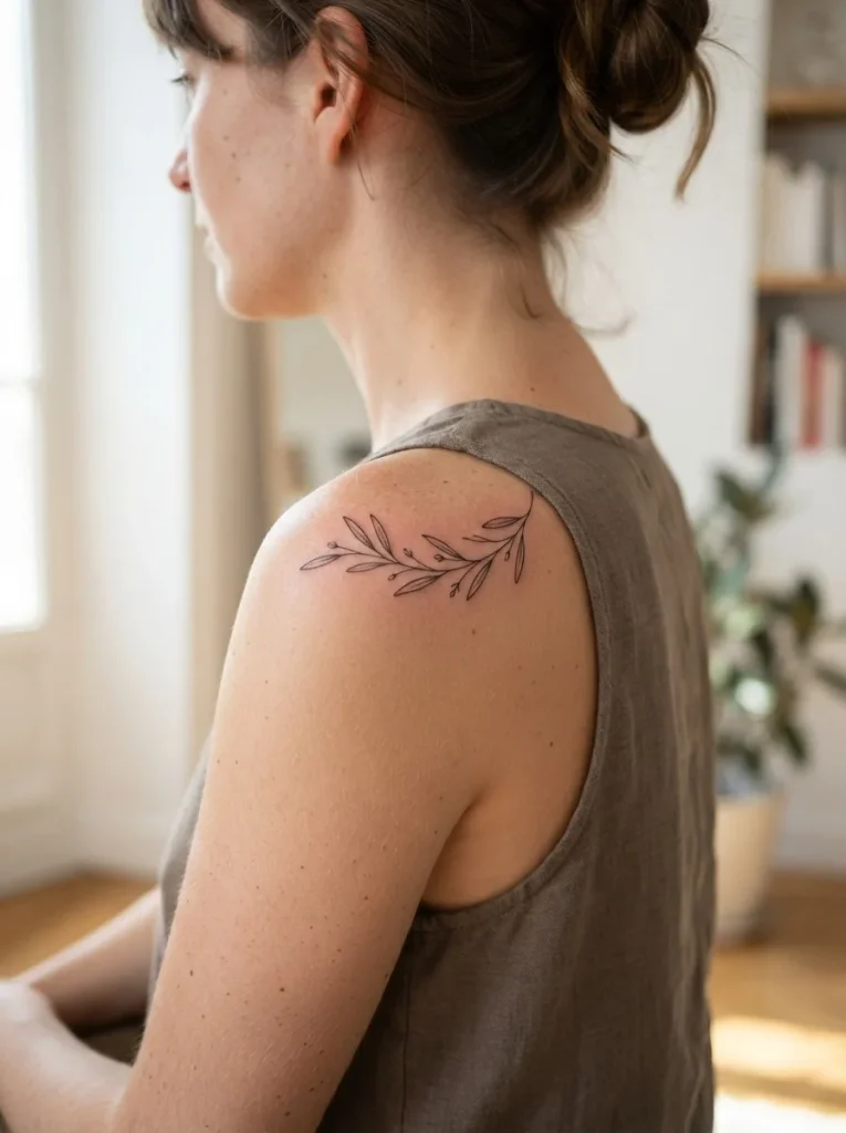 20. Fine-Line Olive Branch Shoulder Tattoo