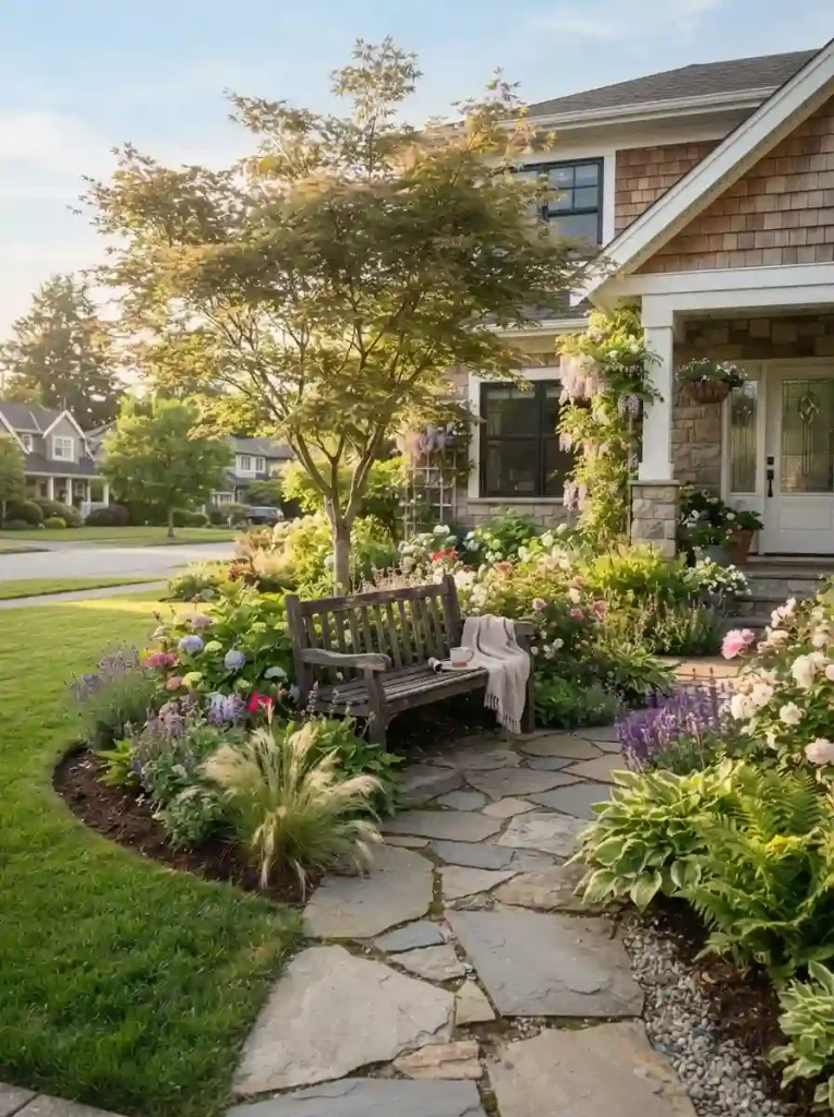 20. Add a Decorative Front-Yard Bench