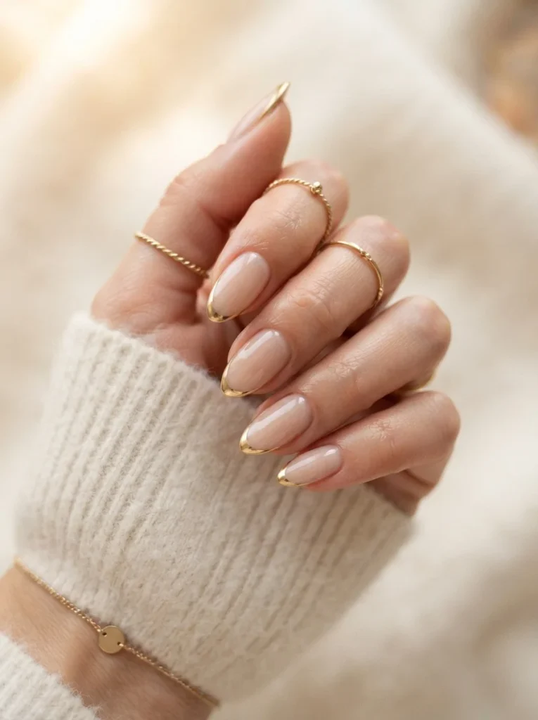 20. Nude Nails with Fine Gold Micro-French Tips