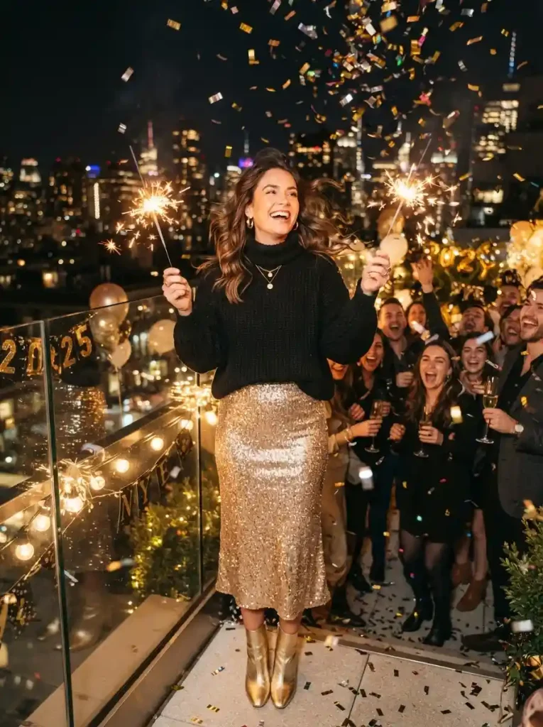 20. Sequin Skirt with a Chunky Knit