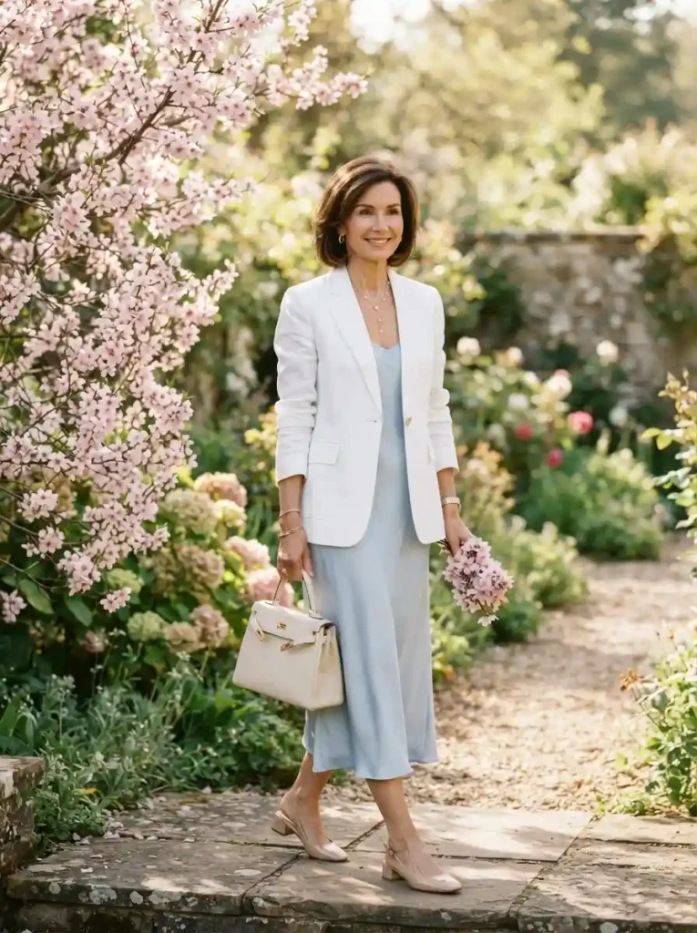 20. White Linen Blazer with a Pale Blue Dress