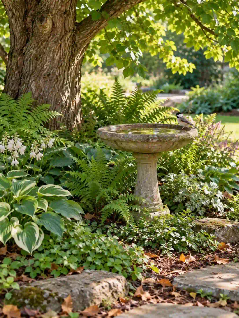 20. Create a Simple Woodland Garden With a Birdbath