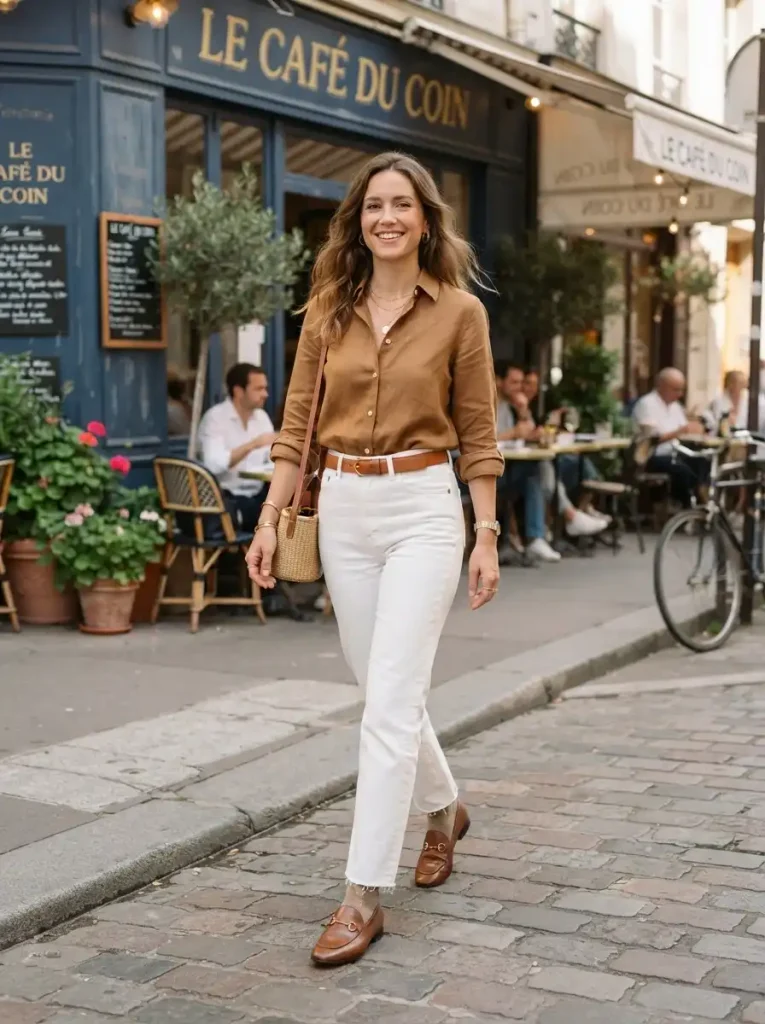 21. Brown Button-Down Shirt With White Jeans