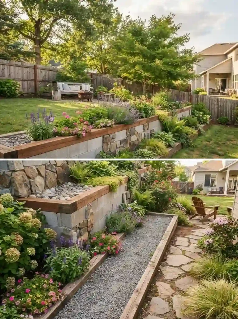 21. Budget-Friendly Mixed-Material Retaining Wall
