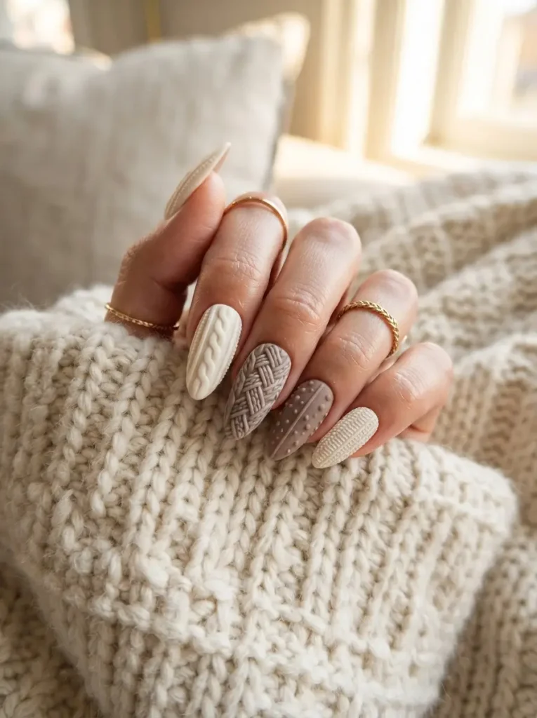 21. Cozy Sweater Mix-and-Match Nails
