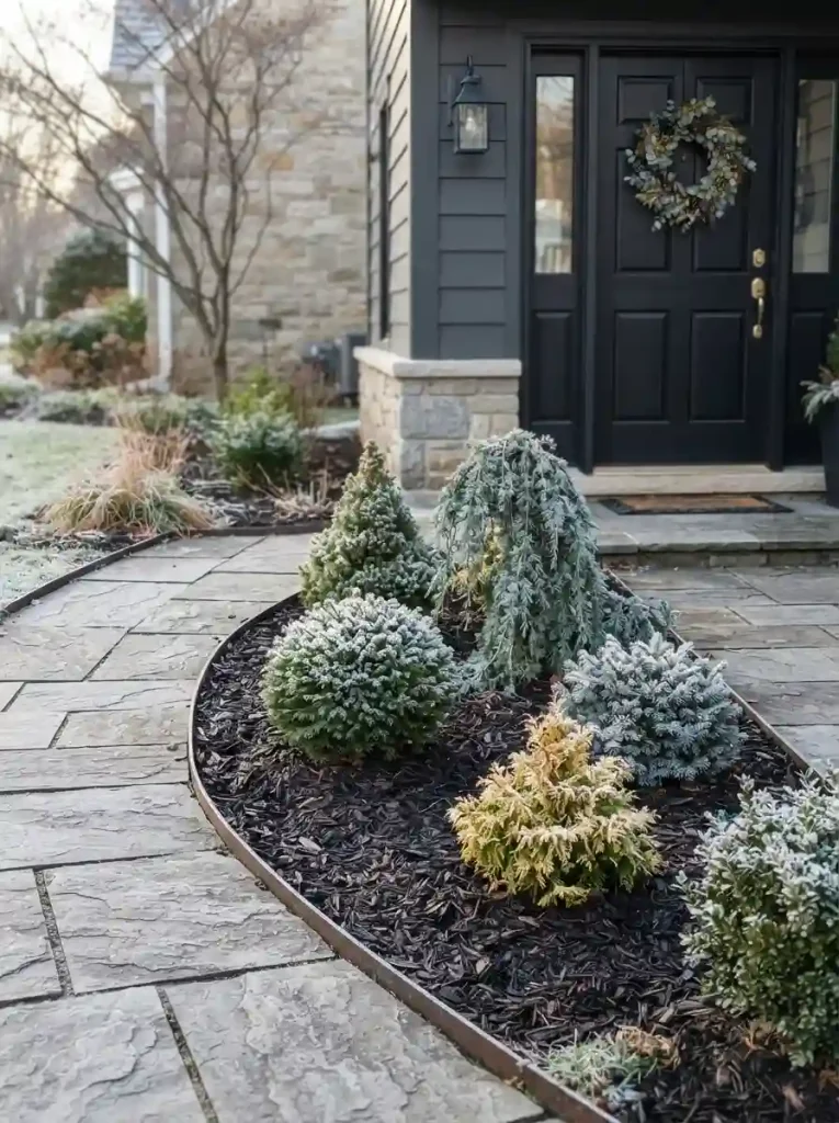 21. Dwarf Conifers in a Mulched Bed