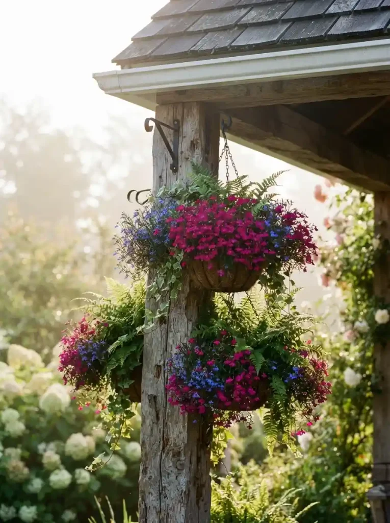 21. Hanging Baskets on Wooden Posts