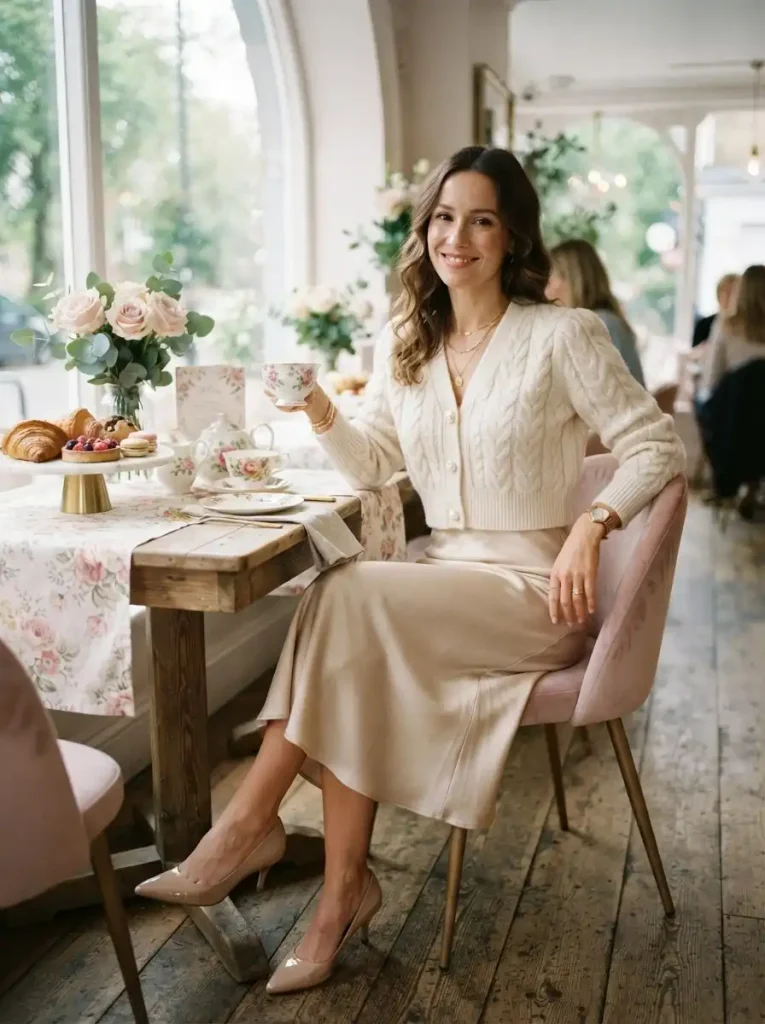 21. Pearl-Button Cardigan with a Satin Slip Skirt