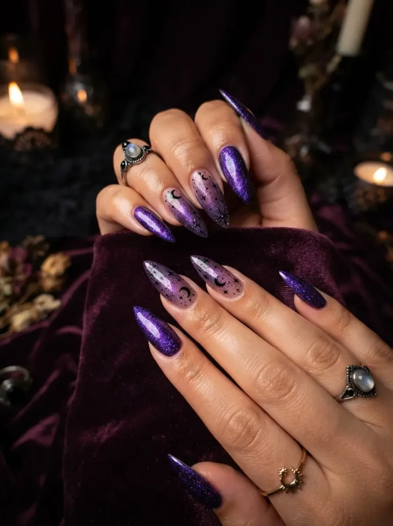 21. Purple Glitter Witch Nails