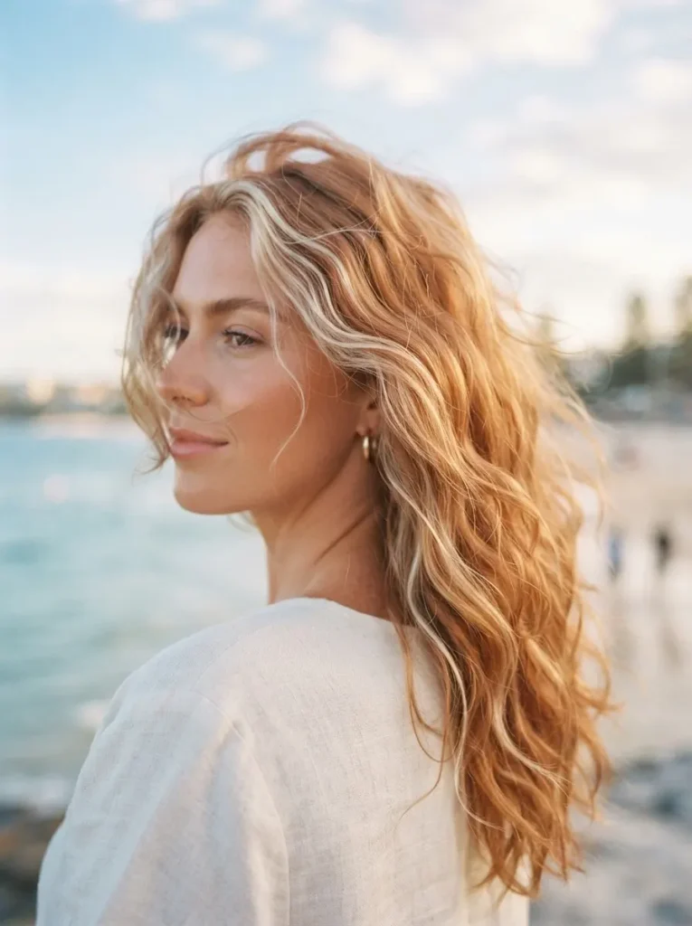 21. Strawberry Red Beach Waves with Platinum Pieces
