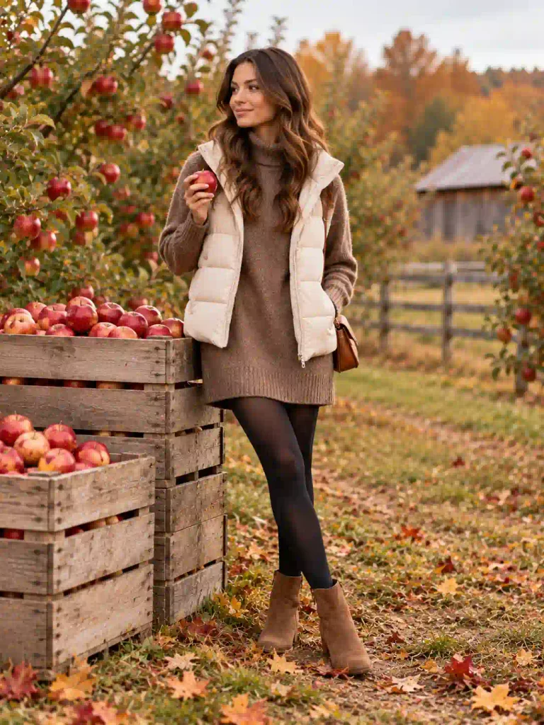 21. Sweater Dress with Tights and a Puffer Vest
