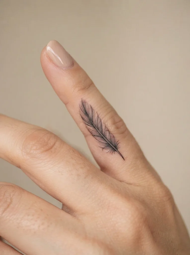 21. Tiny Feather Finger Tattoo